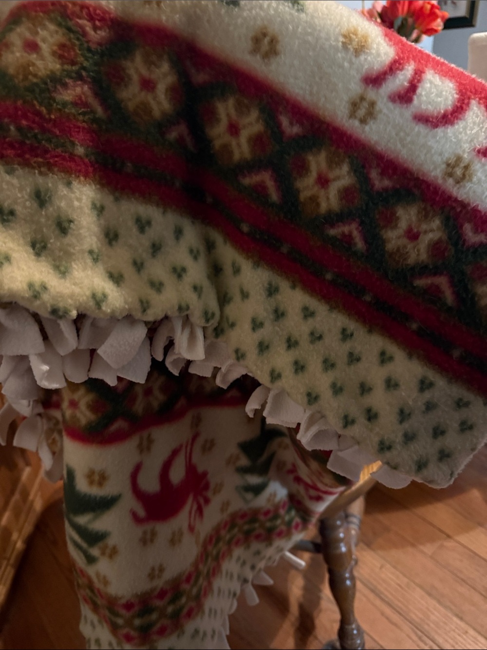 Handtied Holiday Patterned Fleece Throw Blanket - Cream & Red approx 52” x 56”